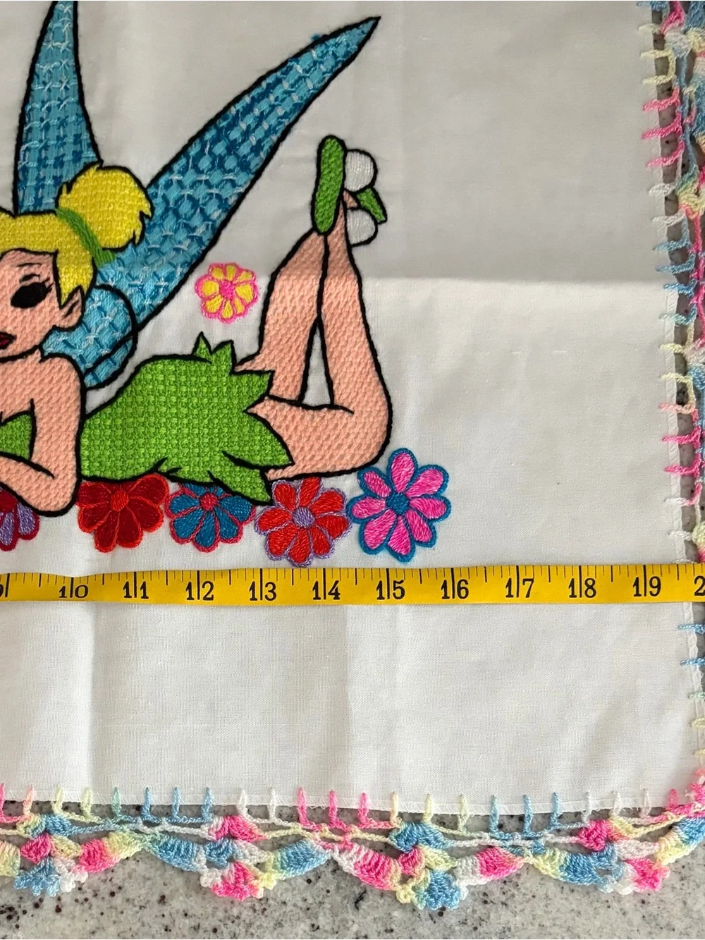 VTG Tinkerbell Hand Embroidered Fairy with Colorful Crochet Edge